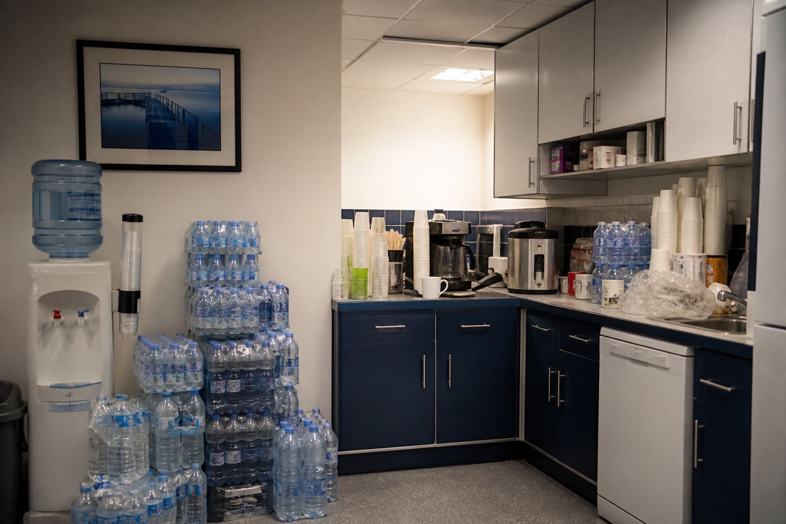 Workplace tea point with bottled water cooler and disposable cups