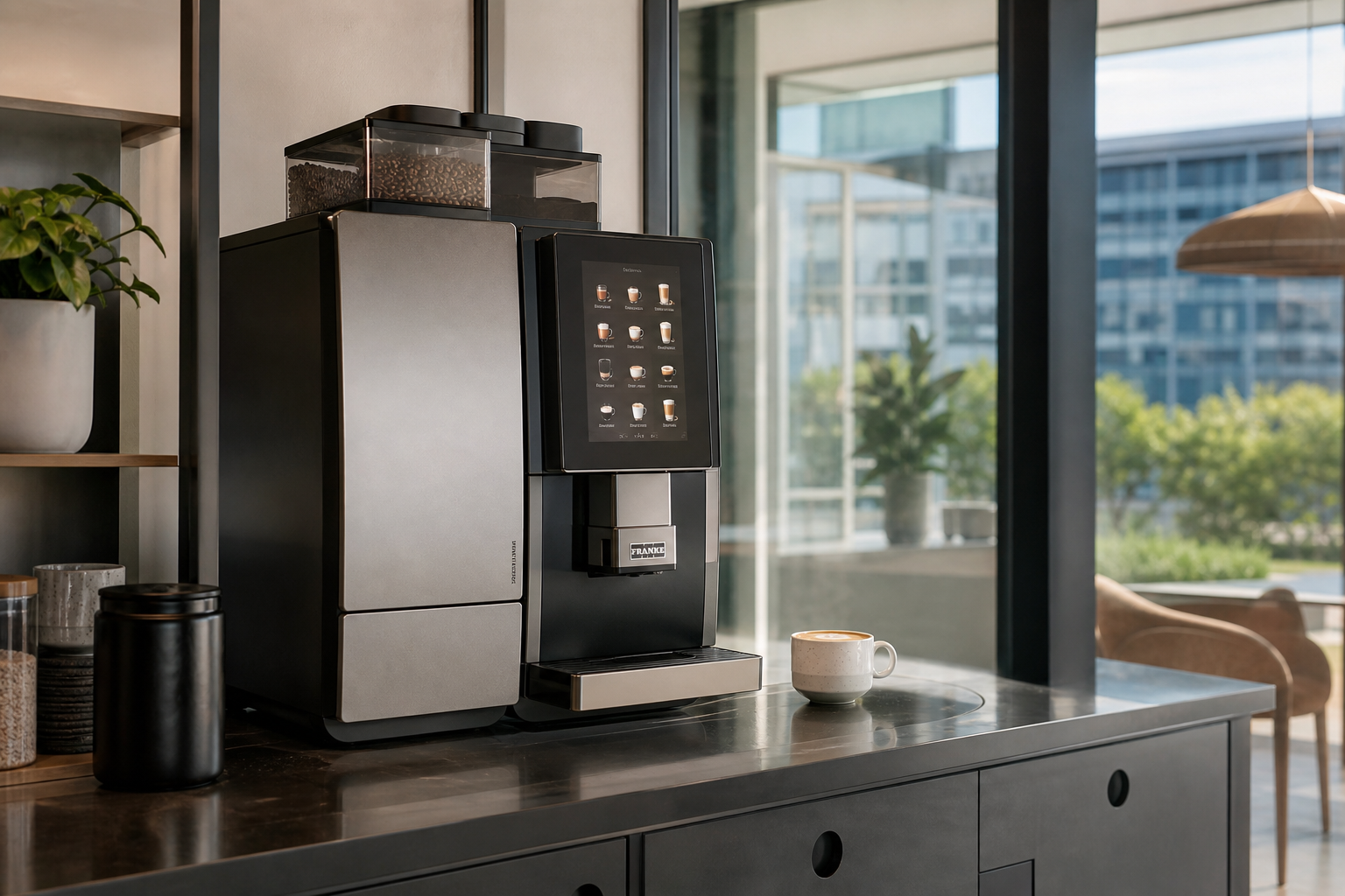 Franke A600 bean-to-cup coffee machine with a reusable cup in a workplace tea point