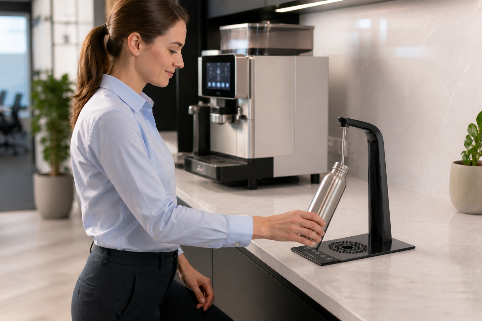 Colleague refilling a reusable bottle at a Borg and Overstrom T3 workplace water tap with a Franke A600 coffee machine in the background