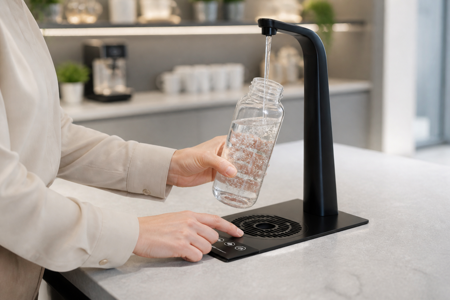 Reusable bottle being filled from a Borg and Overstrom T3 filtered workplace water tap