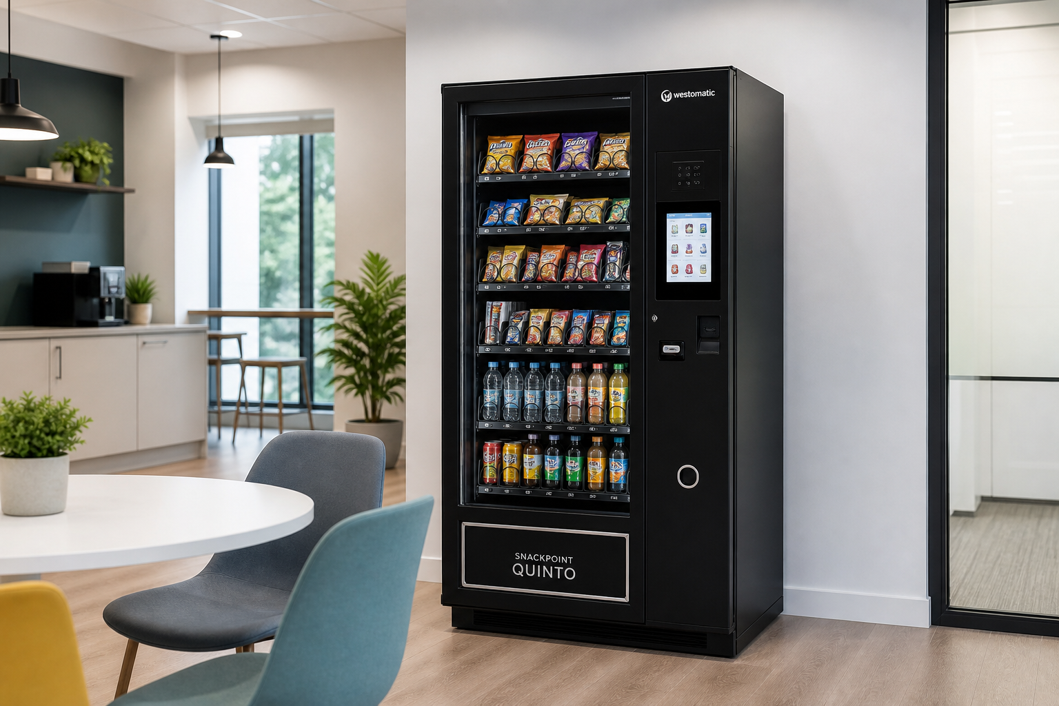 Snack and drink vending machine in a UK workplace breakout area