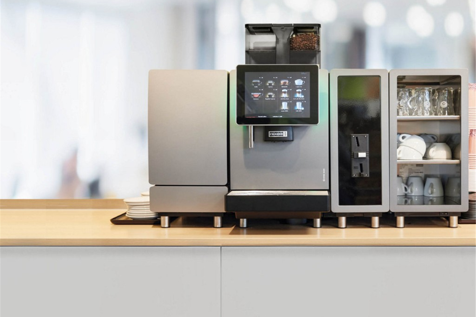 Franke A line self-service coffee setup with payment module in a UK workplace