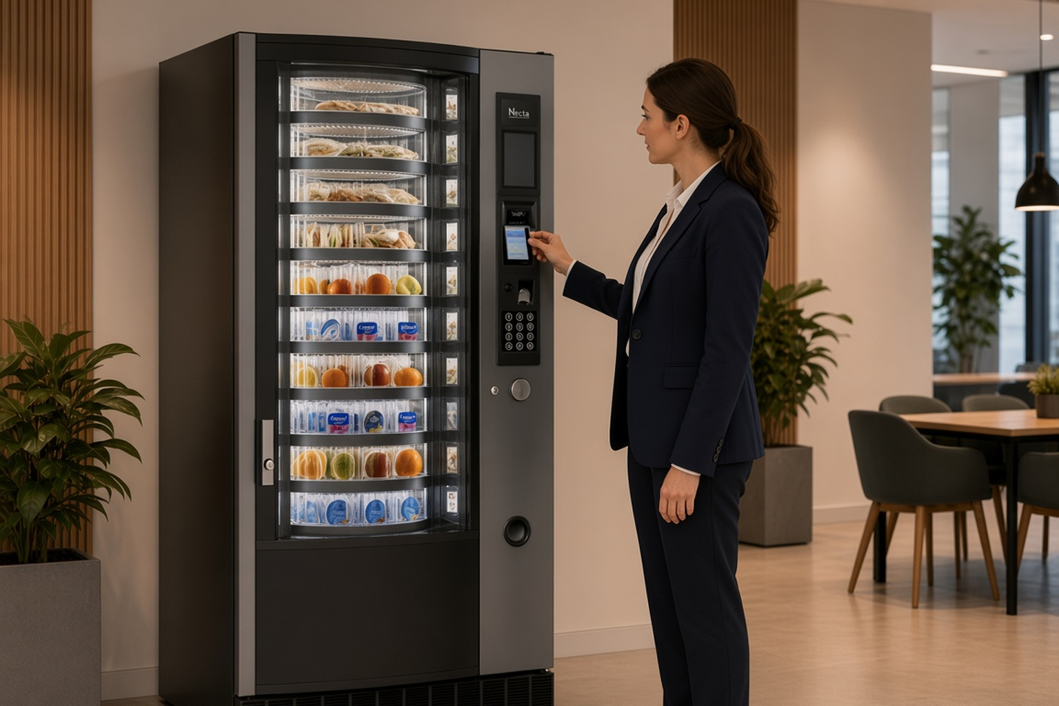 Drum-format Necta fresh food vending with a woman paying contactlessly in a UK workplace break area