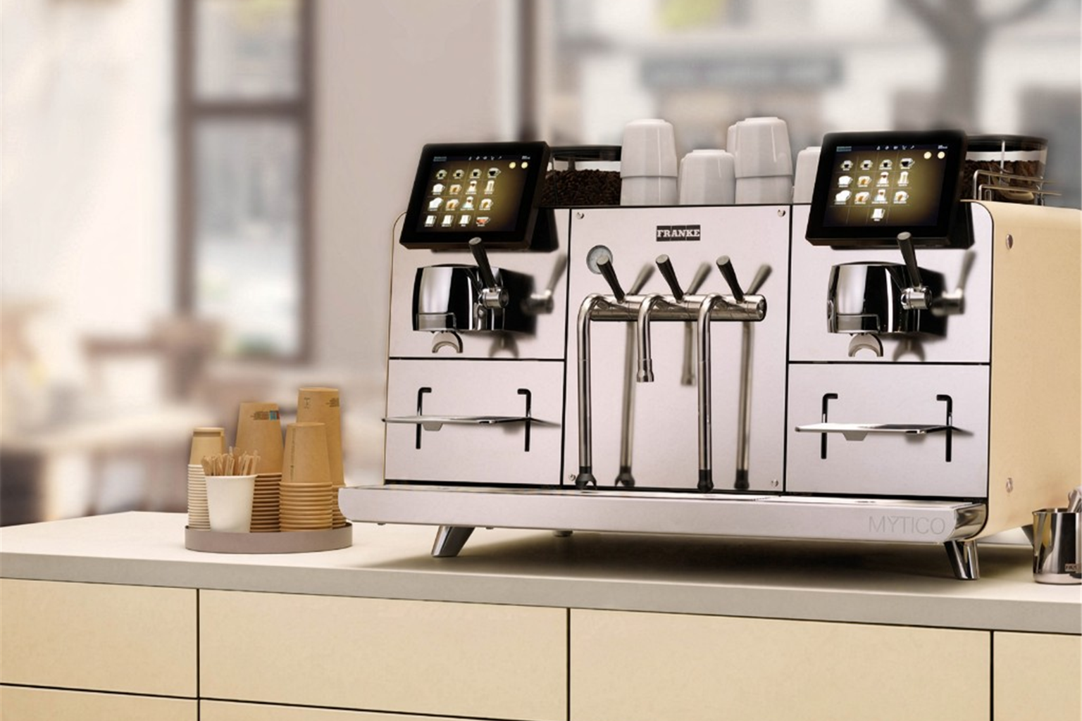 Franke Mytico commercial coffee machine in a UK workplace kitchen