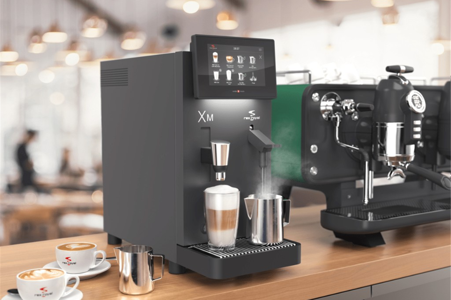 Rex-Royal commercial coffee machine with fresh milk preparation at a workplace tea point