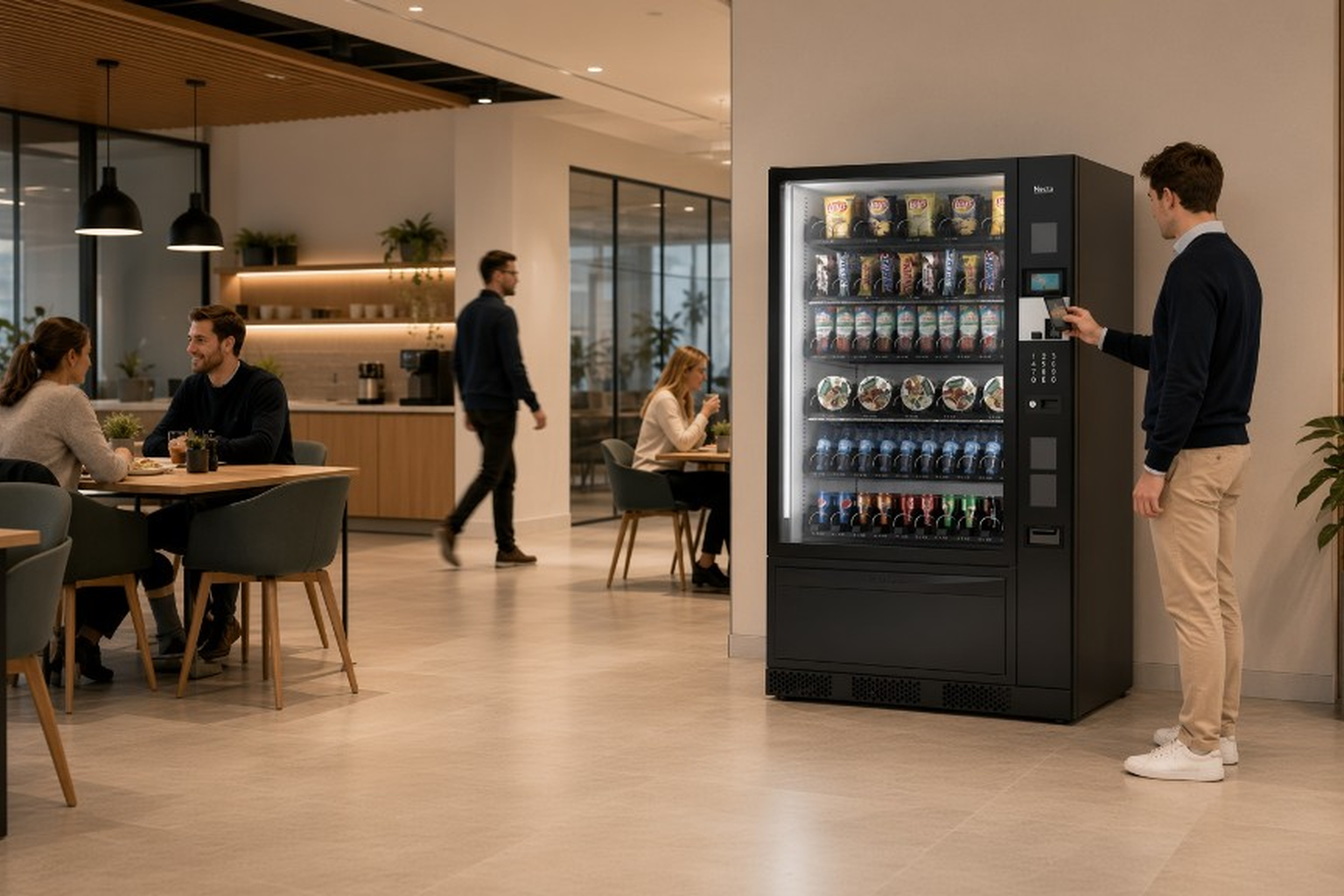 Contactless payment at a Necta snack vending machine in a UK workplace break area
