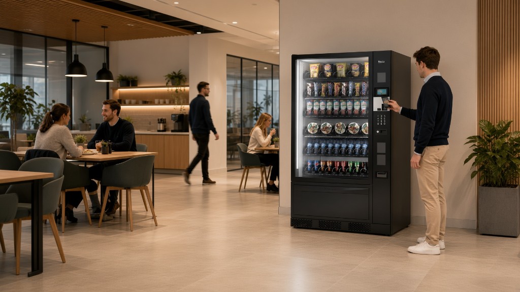Man paying contactlessly with a smartphone at a Necta vending machine in a workplace break area