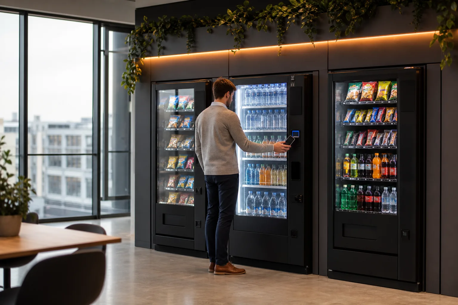 Open self-service workplace refreshment with browsing space, chilled lines and cashless checkout in a UK staff breakout